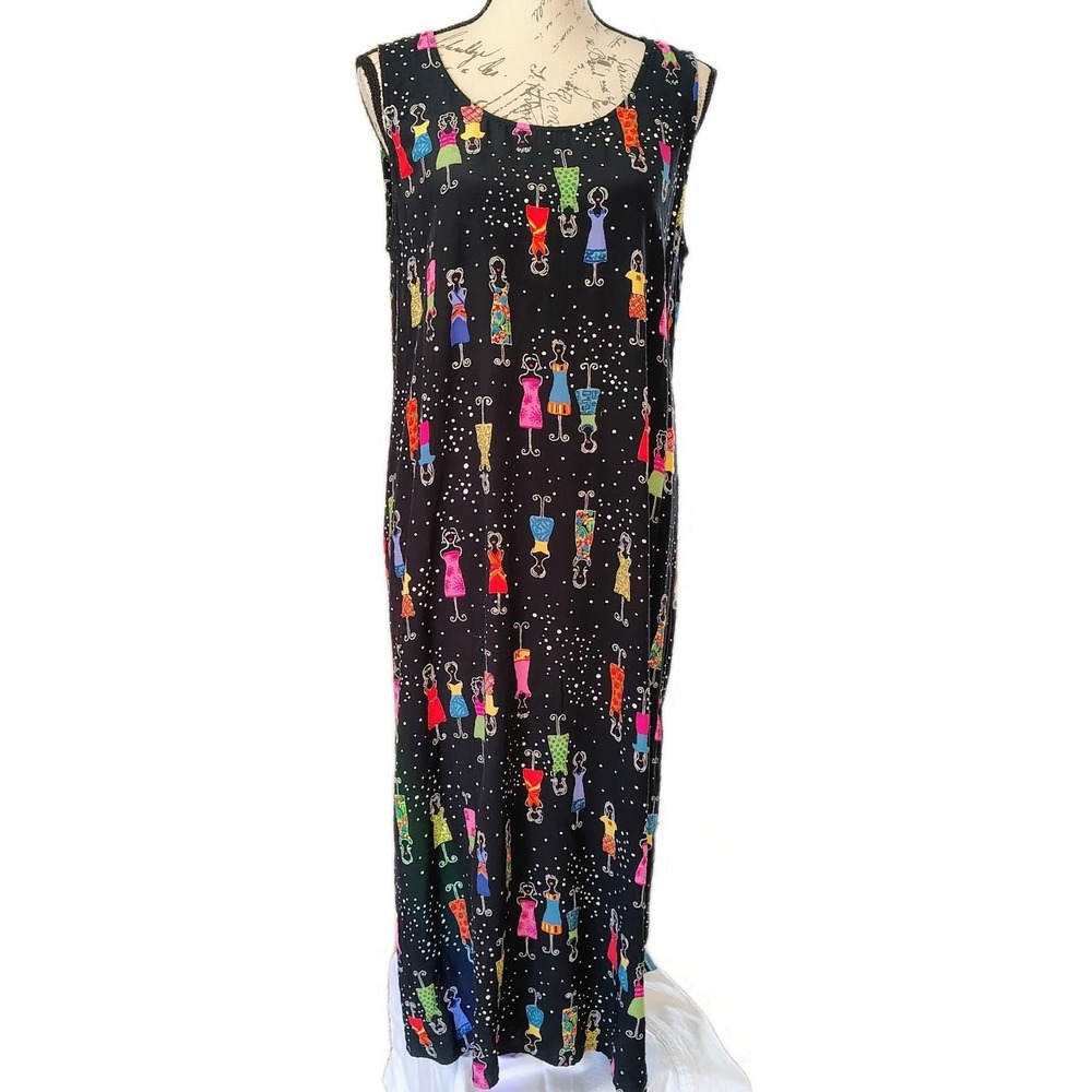Vtg 90s Carol Anderson Petites Rayon Shift Dress L Figurative Art Novelty‎ Print